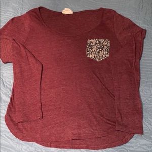 Rose Decal Pocket Design Red Long Sleeve